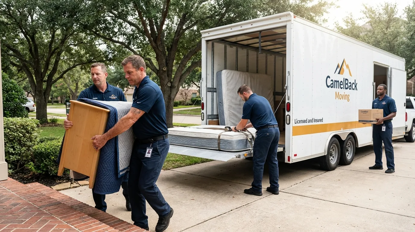 Crew loading residential truck for cross-state move from Fairfield, ID