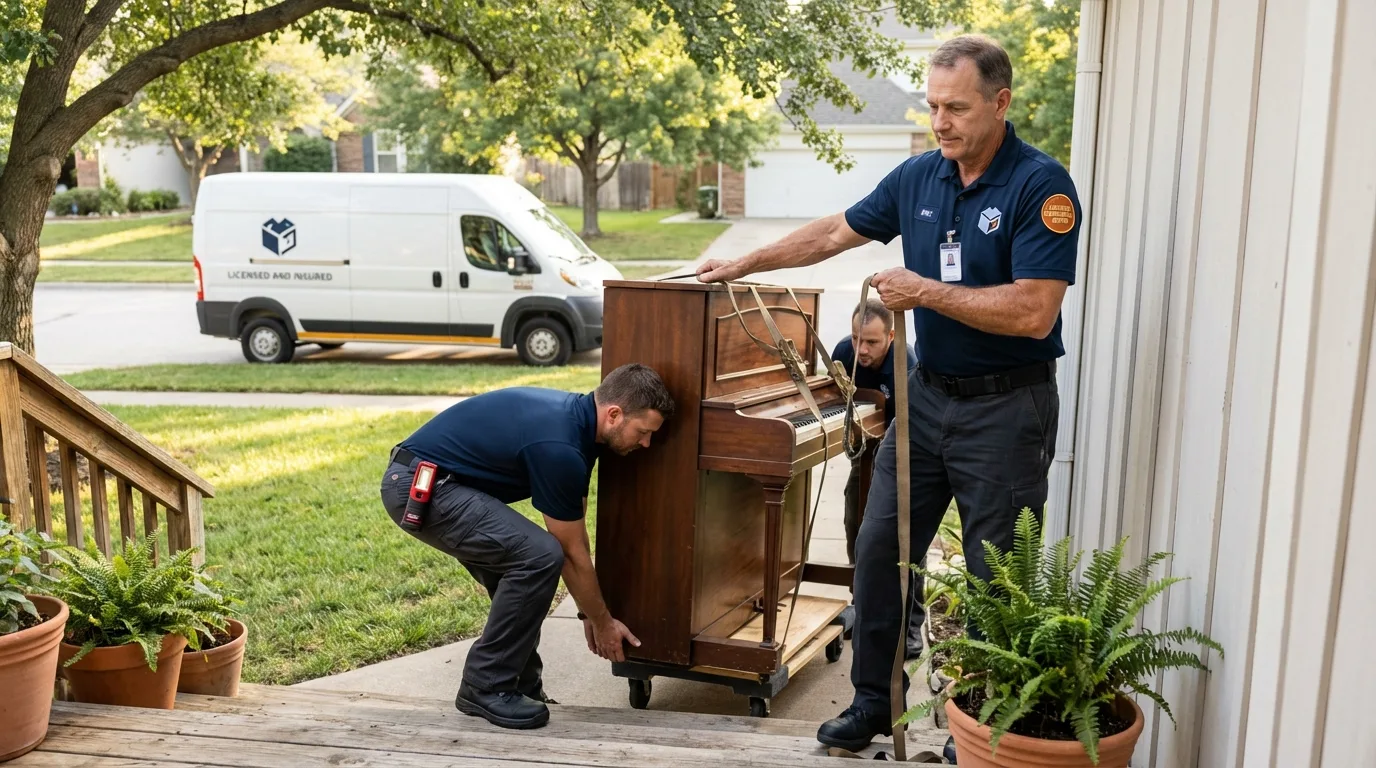 Licensed piano movers securing grand piano in Fairfield, ID
